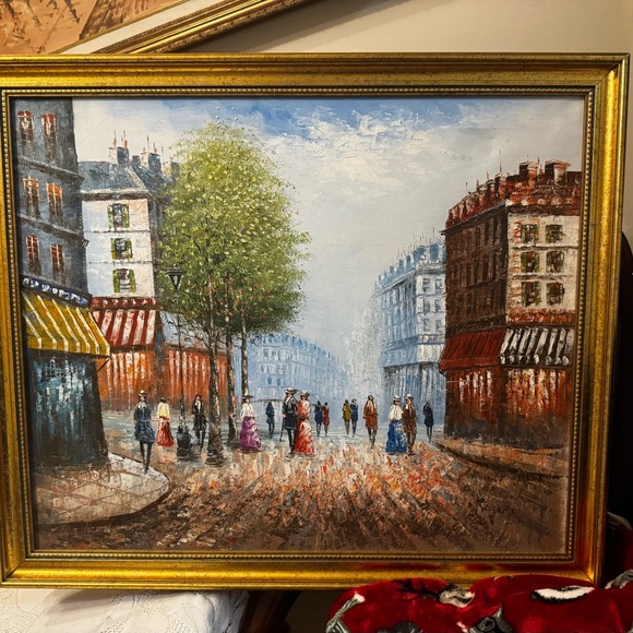 Charming Cityscape Painting with Gold Frame